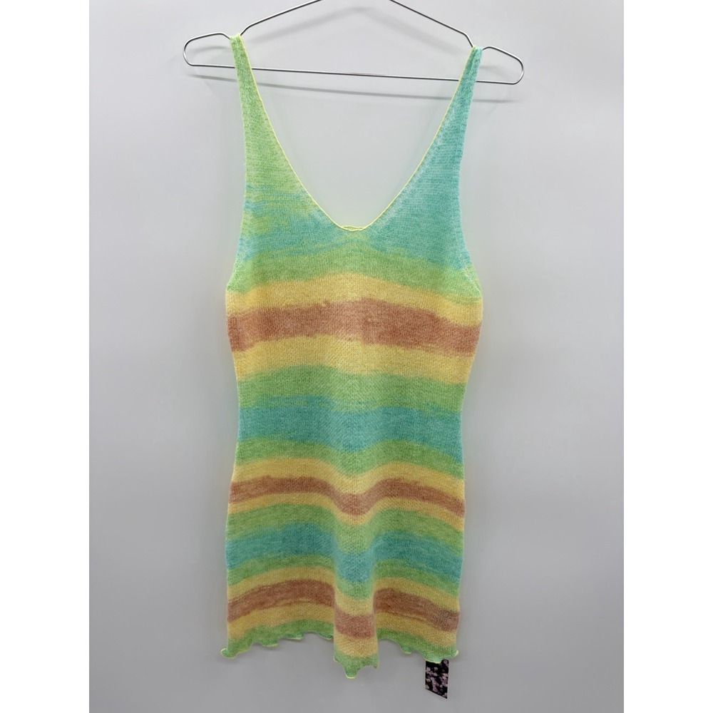 Cider Womens Size Medium Sleeveless V-Neck Rainbow Striped Knit Sweater Dress